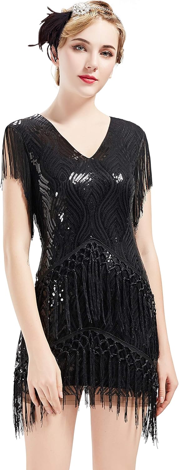BABEYOND 1920s Flapper Dress Long Fringed Gatsby Dress Roaring 20s Sequins Beaded Dress Vintage Art Deco Dress: Clothing