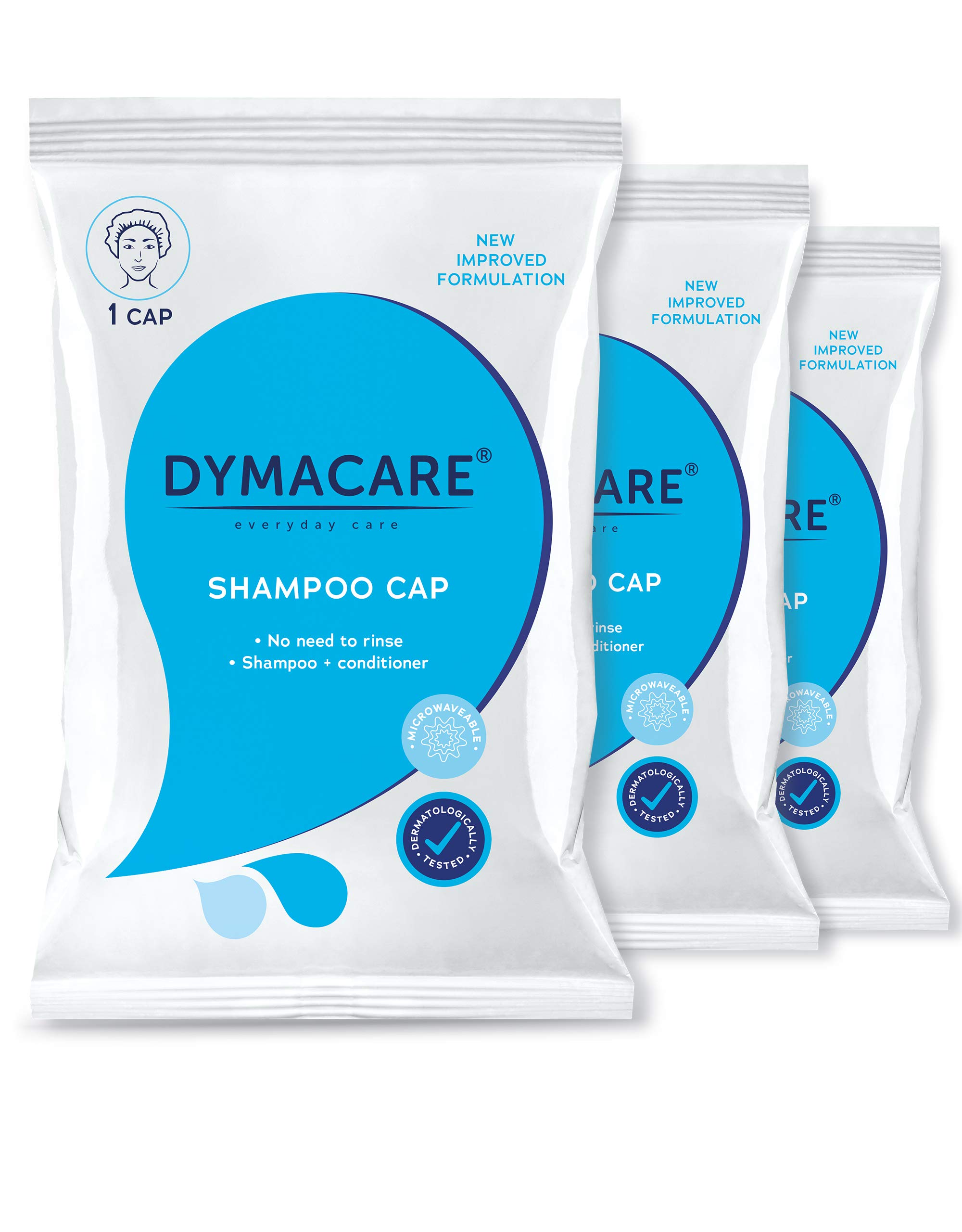 DYMACARE No Rinse Shampoo Cap | Rinse Free Shower Cap That Shampoos & Conditions - pH Balanced, Microwaveable, No Rinse Waterless Hair Wash (Set of 3 caps)