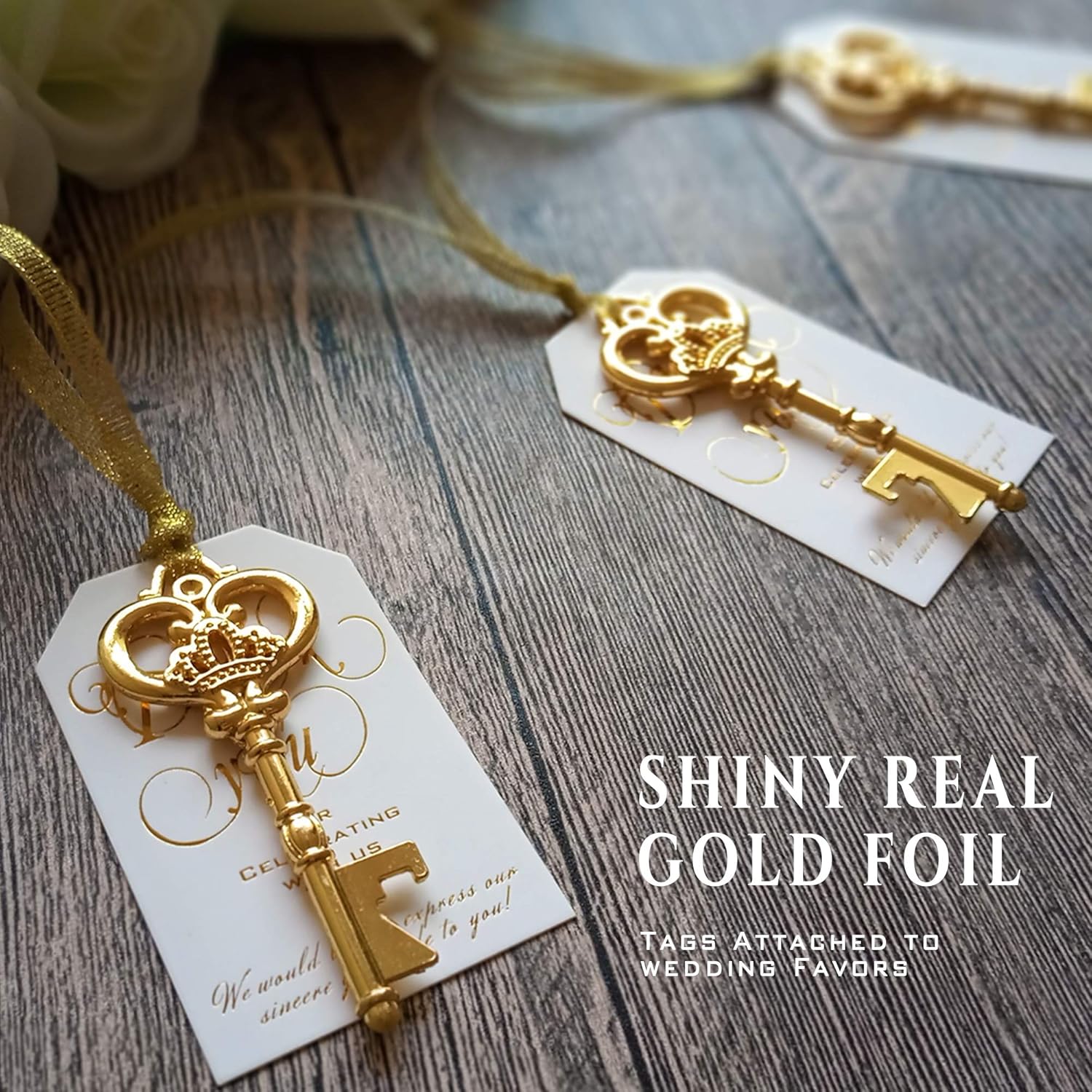 50 Shiny Gold Foil Gift Tags with Gold Ribbon, 350gsm Thick Thank You Tags for Wedding Favors, Gift Bags, Party Favors, Birthday, Bridal Shower, Baby Shower Girl, Graduation, Presents, Wine Bottle : Office Products