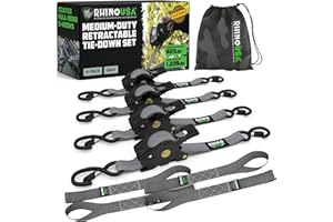 Rhino USA Retractable Ratchet Straps (4-Pack) - 1 Inch x 10 Feet (1,209lb Break Strength) - Auto Self Retracting Tie Down Str