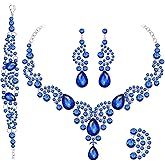 Paxuan Crystal Bridal Wedding Jewelry Sets for Women Rhinestone Teardrop Crystal Statement Choker Necklace Drop Earrings Link Bracelets Rings Teardrop Jewelry Set for Brides Bridesmaids