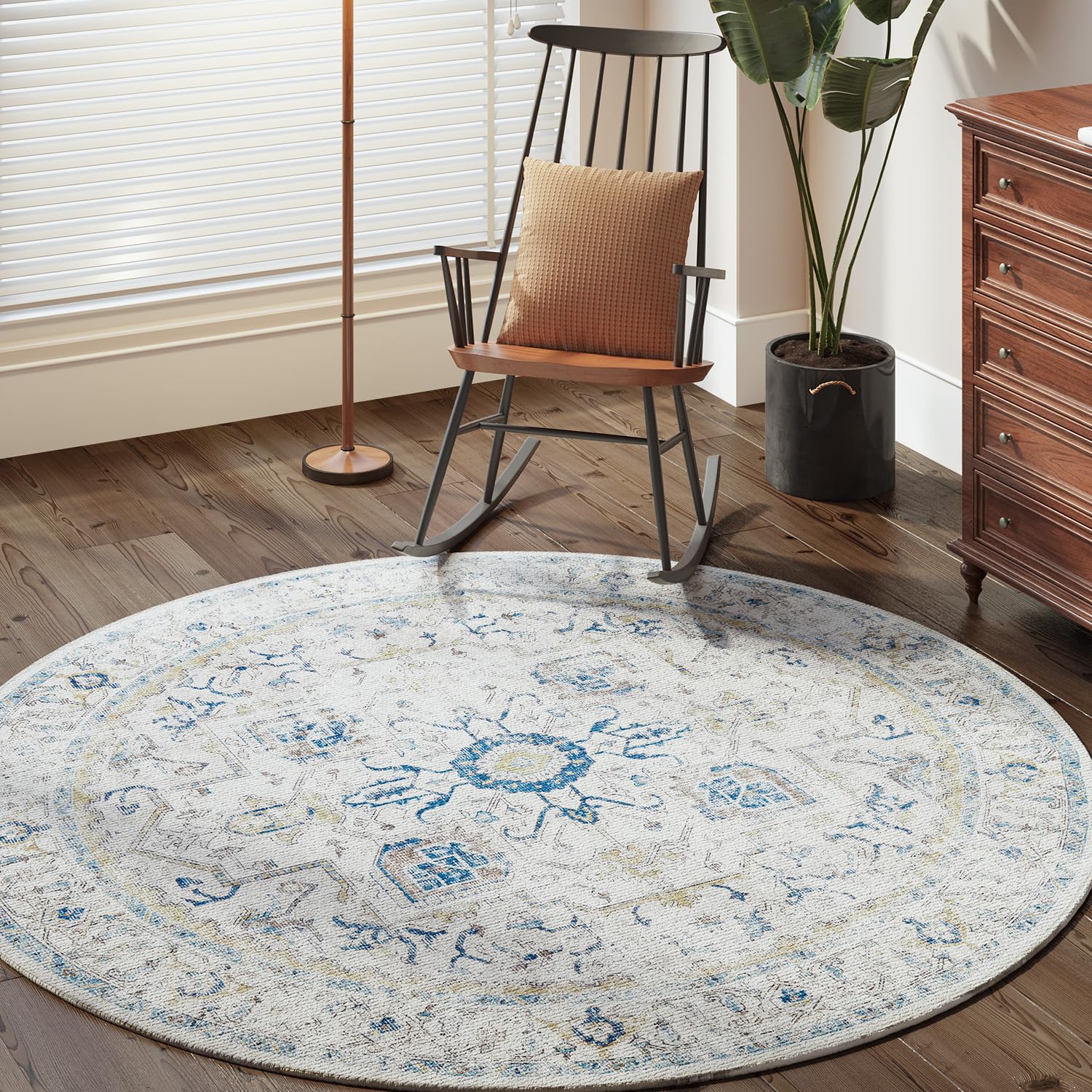TOPICK Round Rug 150cm Machine Washable Vintage Rug Light Blue Multi Carpet Thin Non Slip Circle Carpet for Kitchen Living Room Bedroom Dining Room Hall