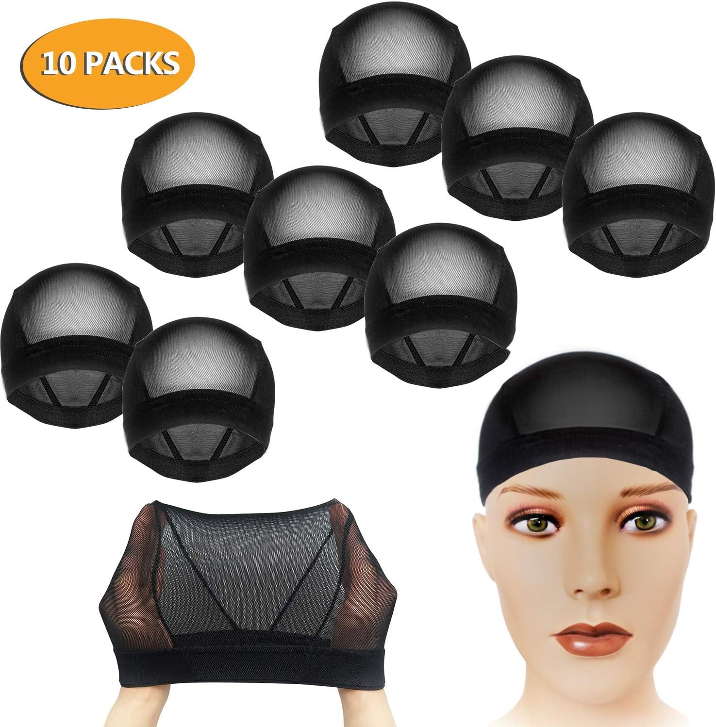 CODOHI 10 Packs Dome Wig Cap for Men Women All Round Stretchy Spandex Full Wig Cap, Weaving Mesh - Black