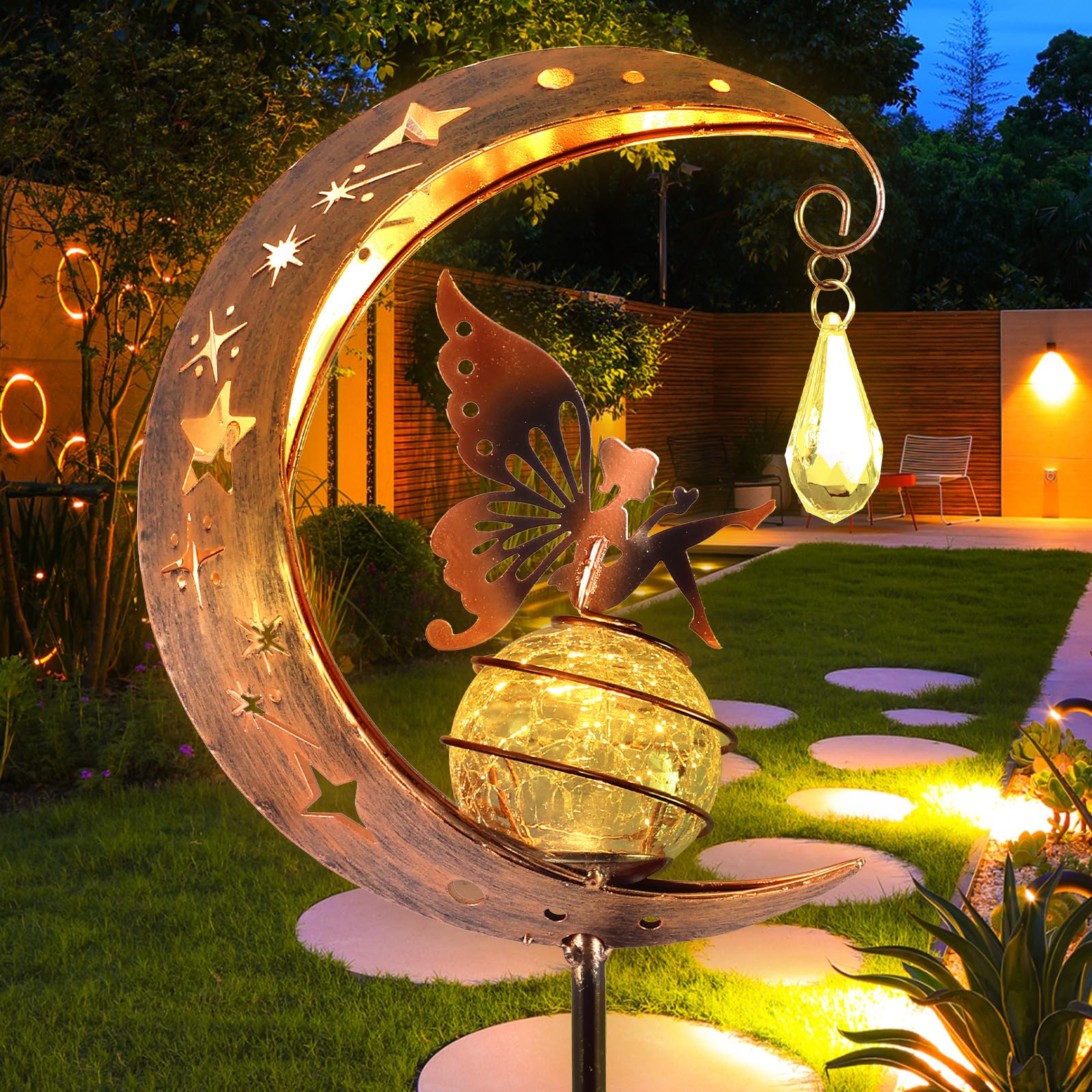 Solar Lights Outdoor Moon Stake Lights IP55 Waterproof Fairy Lawn Lamp Metal Butterfly Yard Lamp, Garden Ornaments for Patio Path Yard Decor