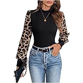 MakeMeChic Women's Leopard Print Long Sleeve Mock Neck Slim Fit Blouse Casual Shirt Tops