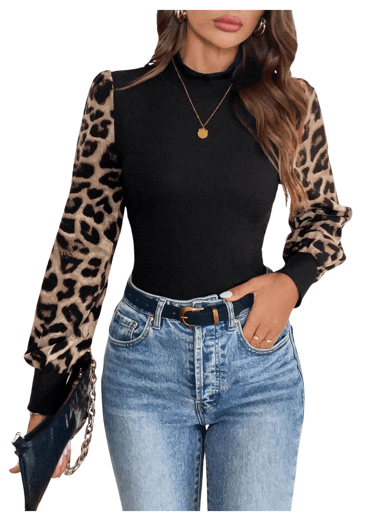 Photo 1 of ****FINAL SALE NOT RETURNS****
MakeMeChic Women's Leopard Print Long Sleeve Mock Neck Slim Fit Blouse Casual Shirt Tops Black Large