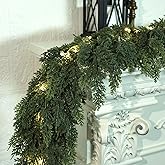 Realistic Christmas Garland with Lights-8 Lighting Modes 6FT Real Touch Lush Artificial Prelit Cedar Garlands for Stairs Railing Fireplace Table Xmas Christmas Decorations Indoor Outdoor Holiday Decor