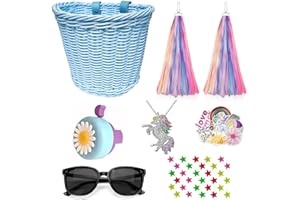 Suerico Kids Bike Basket for Girls,Handlebar Bicycle Basket with Unicorn Necklace,Bike Bell,Streamers,Bike Wheel Bead,Sunglasses,Stickers Bike Decoration Accessories Set