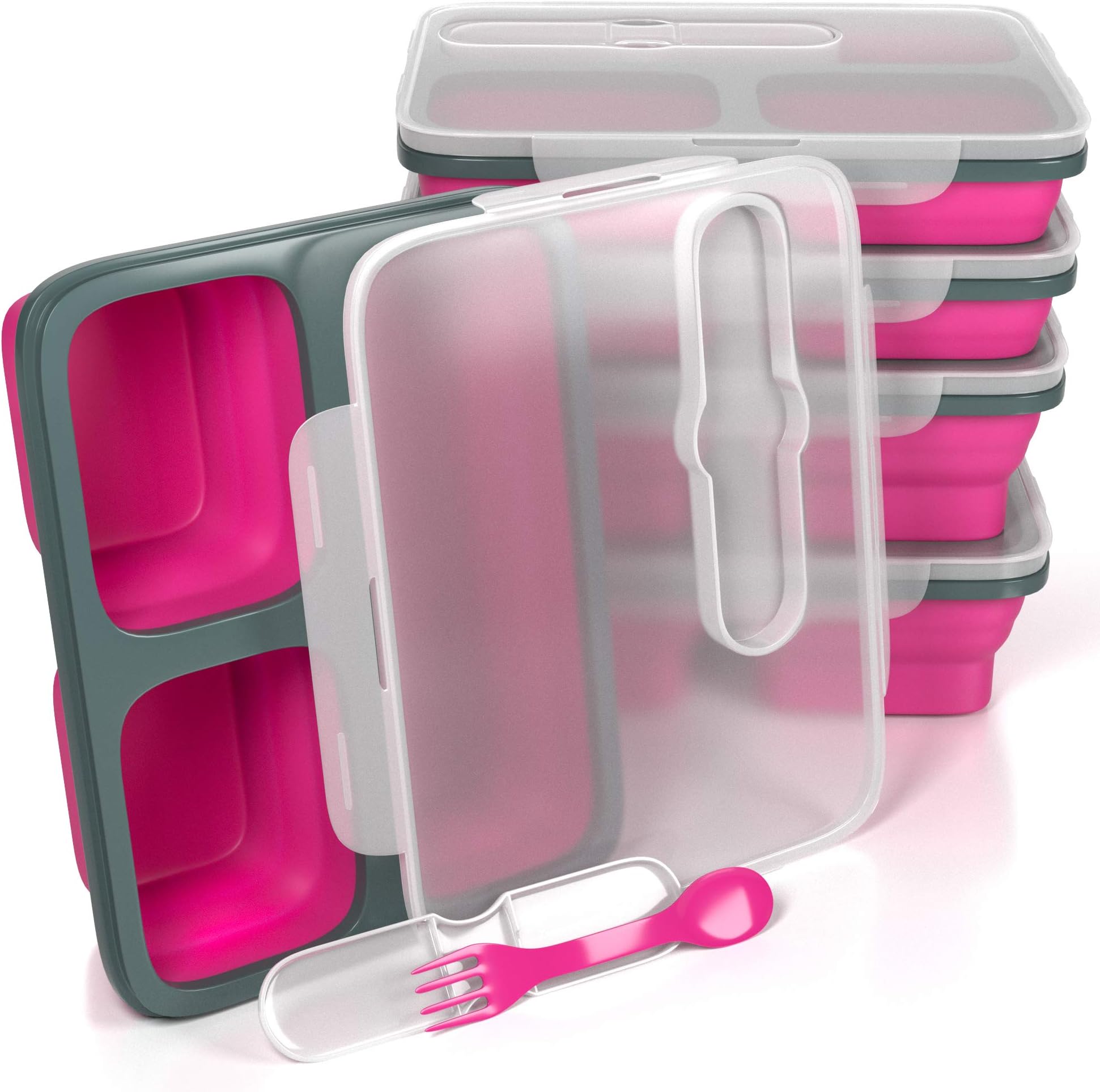 MealPrep Essential Meal Prep Containers with Lids (3-Compartment) Reusable Bento Lunch Boxes for Portion Control, Food Storage, Planning | Stackable, Microwaveable, Freezer Safe (Pink, 5)