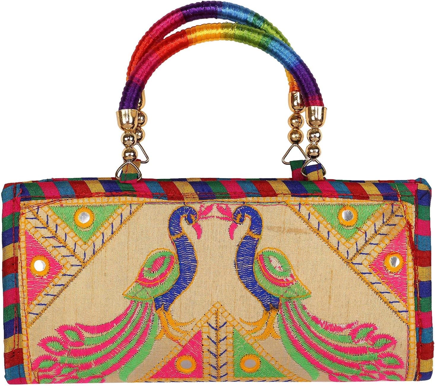 Women's Cotton Handmade Designer Peacock Geometric Print Embroidery Patch Work With Handle Rajasthani Clutch Bag/Purse/Handbag - Cream