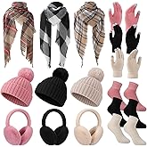 Shyyween 15 Pcs Winter Beanie Hat Scarf Gloves Ear Muffs Socks Set Knit Beanie Hat with Pompom Touch Screen Gloves for Women (Black,Beige,Pink)