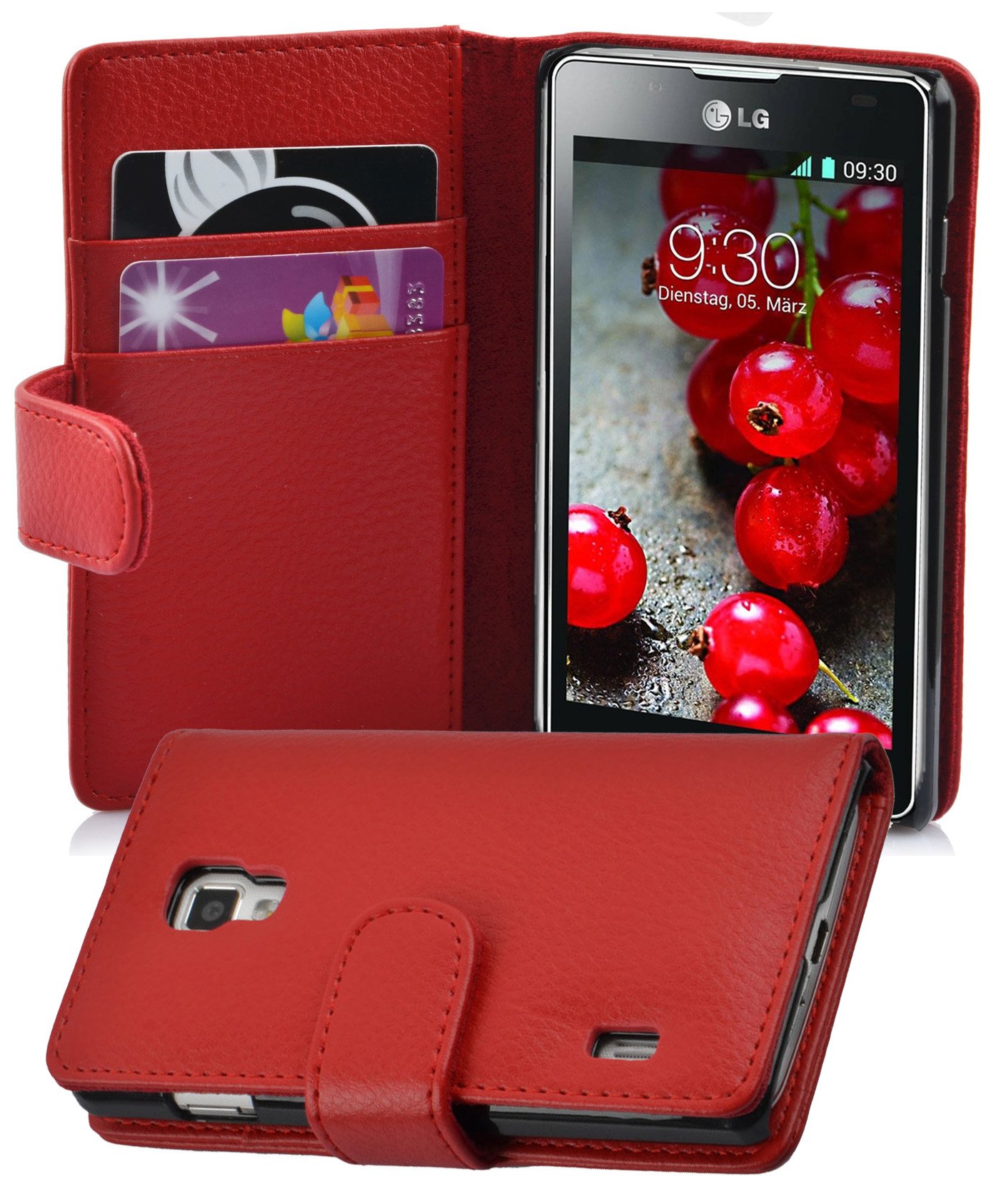 cadorabo Book Case works with LG OPTIMUS L7 II in CANDY APPLE RED - with Stand Function and Card Slot made of Structured Faux Leather - Wallet Etui Cover Pouch PU Leather Flip