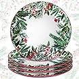 Uiifan 4 PCS Christmas Trees Ceramic Salad Plates Green Dinner Plate Xmas Tree Decoration Porcelain Plate Set Winter Dessert Plates for Christmas Dinner Party Holiday Kitchen Decor (Winter Leaves)