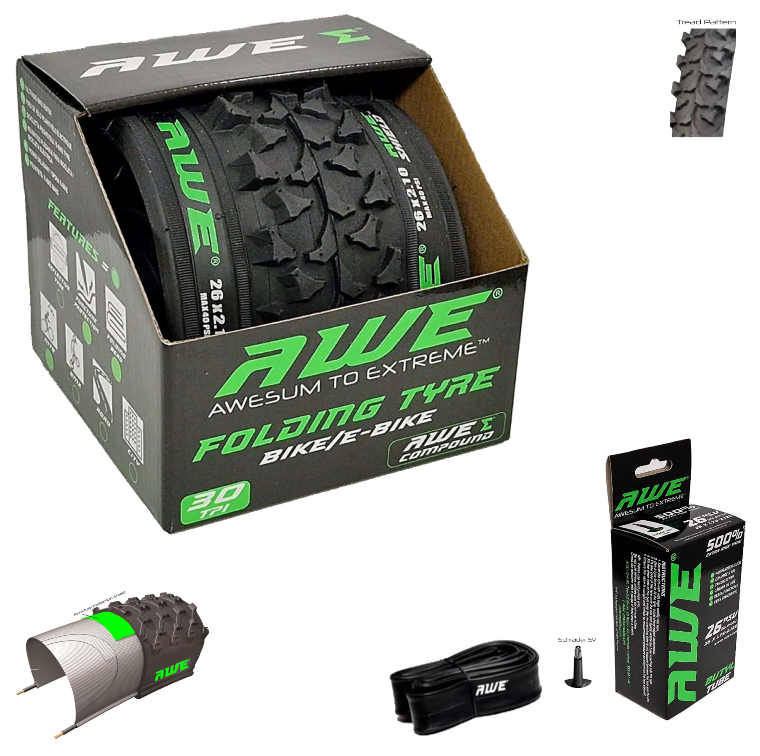 1 x AWE AWEShield with added Puncture Protection Folding Tyres 26" x 2.10" MTB and 1 x AWE Inner Tube 26" x 1.75-2.125 Schrader Valve, Tyre/Tube set for MTB