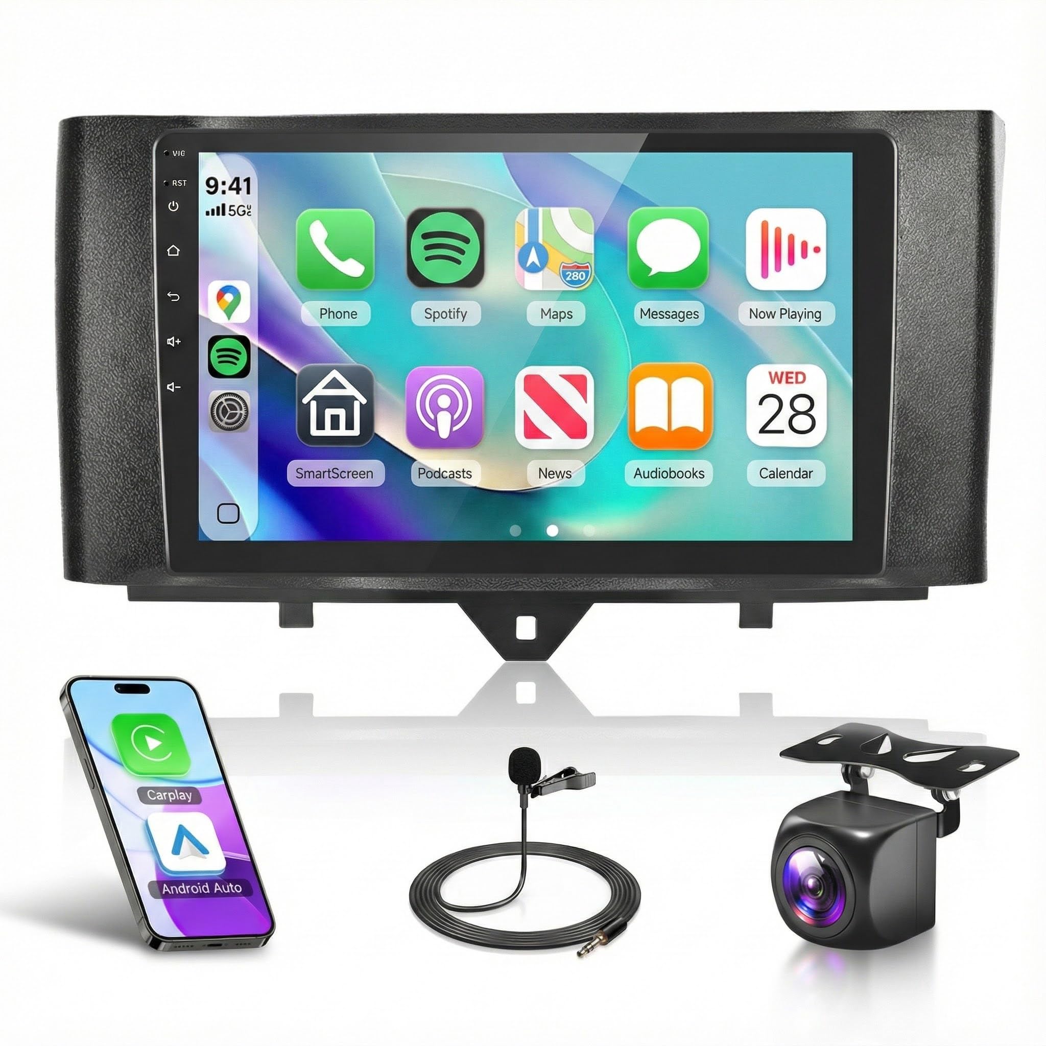 4G+64G Car Radio for Mercedes Benz Smart Fortwo 2011-2015 Android Stereo Wireless Carplay Android Auto, Rimoody 9 inch Touch Screen Car Stereo Bluetooth GPS WiFi FM RDS Mirror Link SWC + Backup Camera