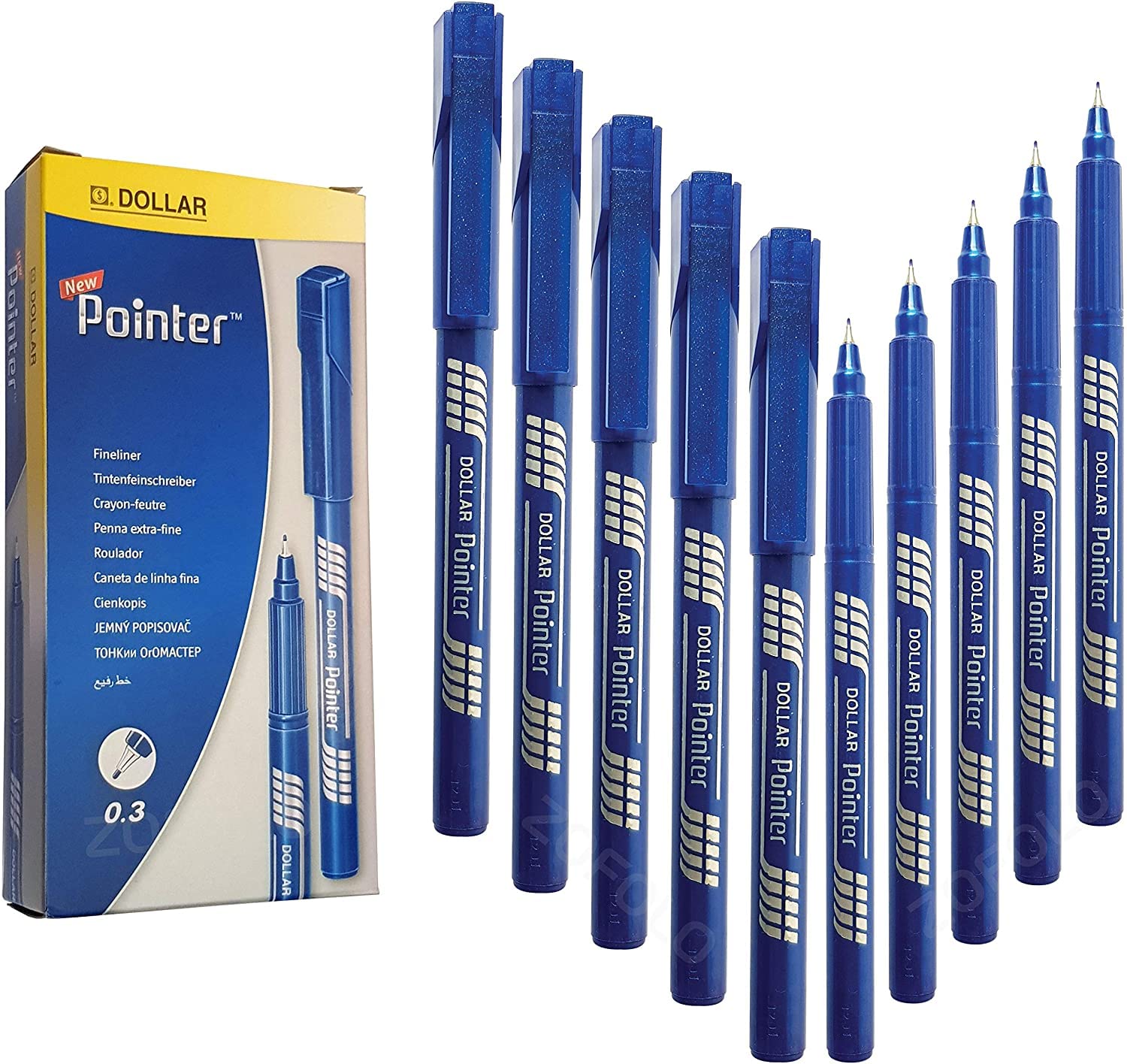 DOLLAR Fineliner Pens, BLUE, 0.3mm Ultra Fine Felt Tip, Pack of 10, Precise Writing, Write Draw Sketch Colour Mark Fine Line Pens
