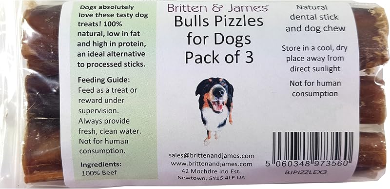 Britten & James 3 Thick Bulls Pizzles 12cm Dog Chew Natural Dental Stick