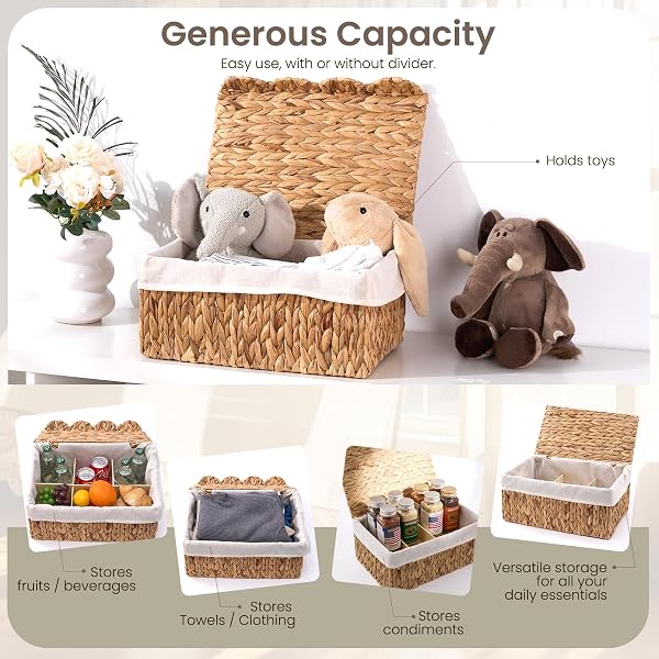 WICKER BASKET WITH LID, HANDWOVEN WICKER TOY BOX WITH SCALLOPED EDGES, RECTANGULAR STORAGE BIN FOR PICNIC & SHELVES W/HANDLES, WATER HYACINTH BASKET WITH LINER & DIVIDER – 15.2L X 11.2W X 7.4H IN