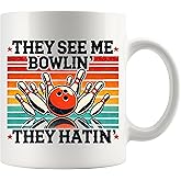 Panvola They See Me Bowling They Hatin Bowling Gifts for Men Women Coach Bowling Balls and Pins Funny Sports Player Dad Boyfriend From Wife Girlfriend Ceramic Mug 11 oz White