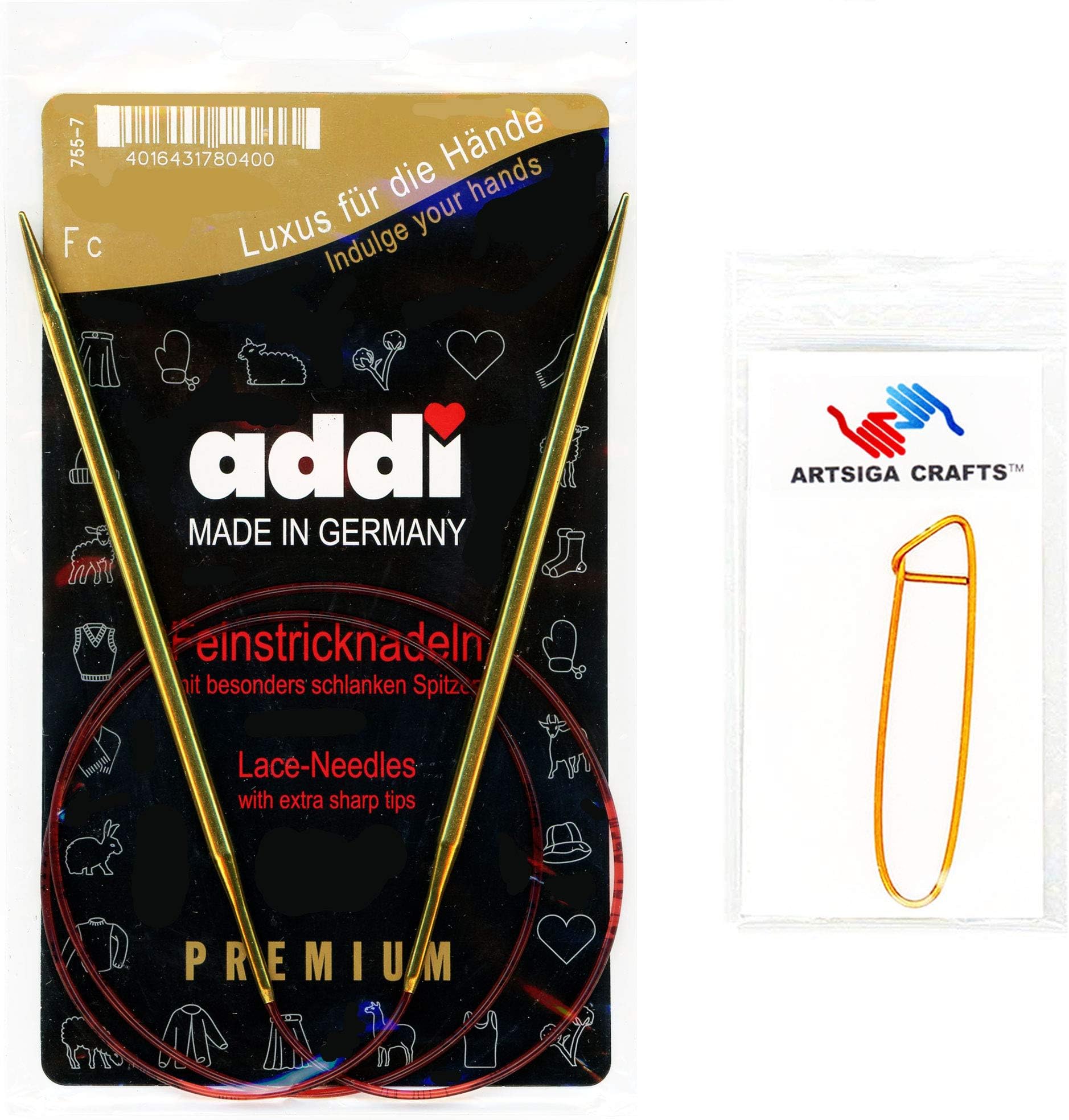 addi Knitting Needle Circular Lace Tip Brass Plate Finish Red Cord 60cm Size 4.5mm Bundle with 1 Artsiga Crafts Aluminum Stitch Holder