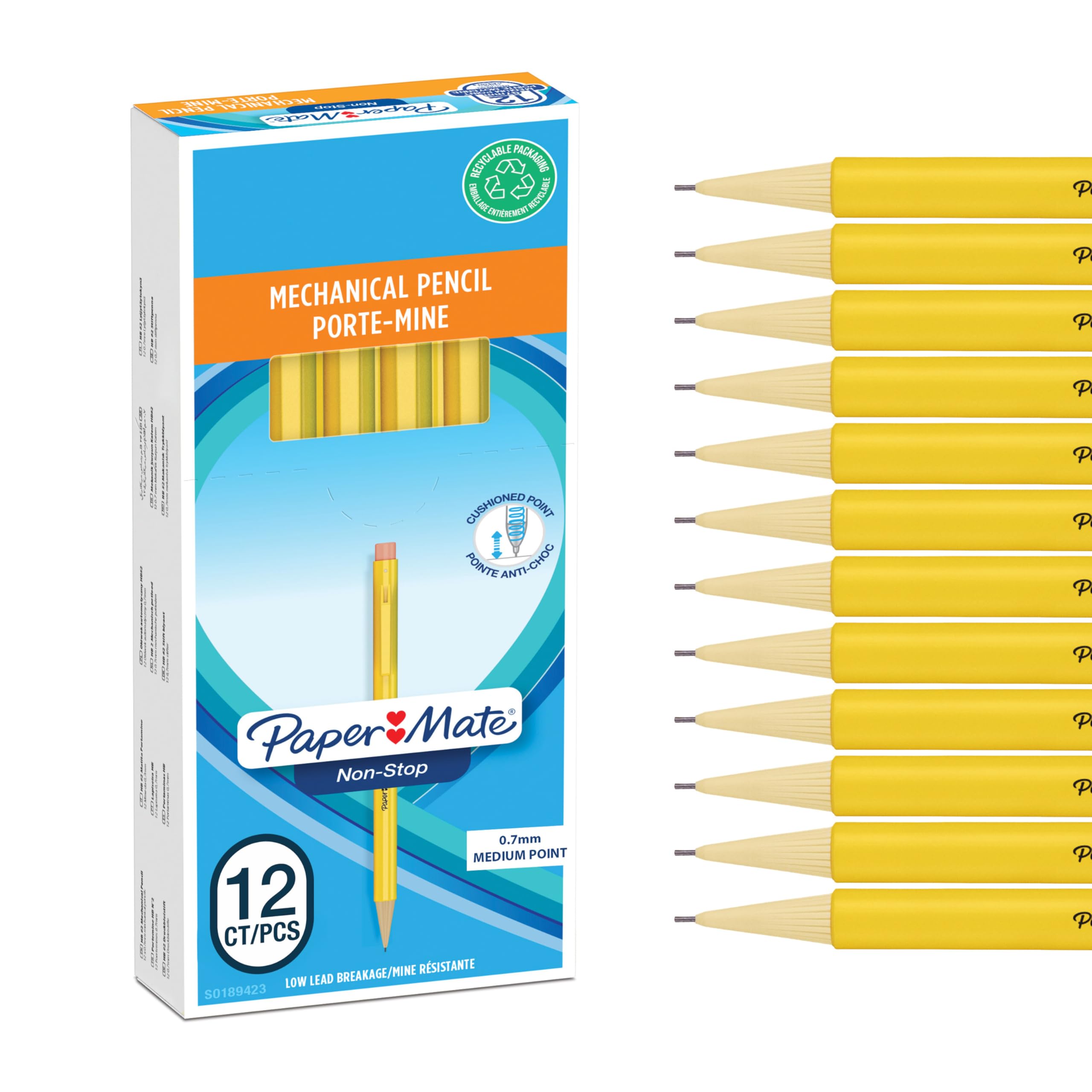 Paper Mate Non-Stop Mechanical Pencil | 0.7mm | HB #2 | Yellow Barrel | 12 Count