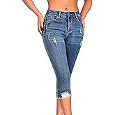 roswear Women's Capri Pants Mid Rise Skinny Ripped Stretchy Cropped Distressed Jeans