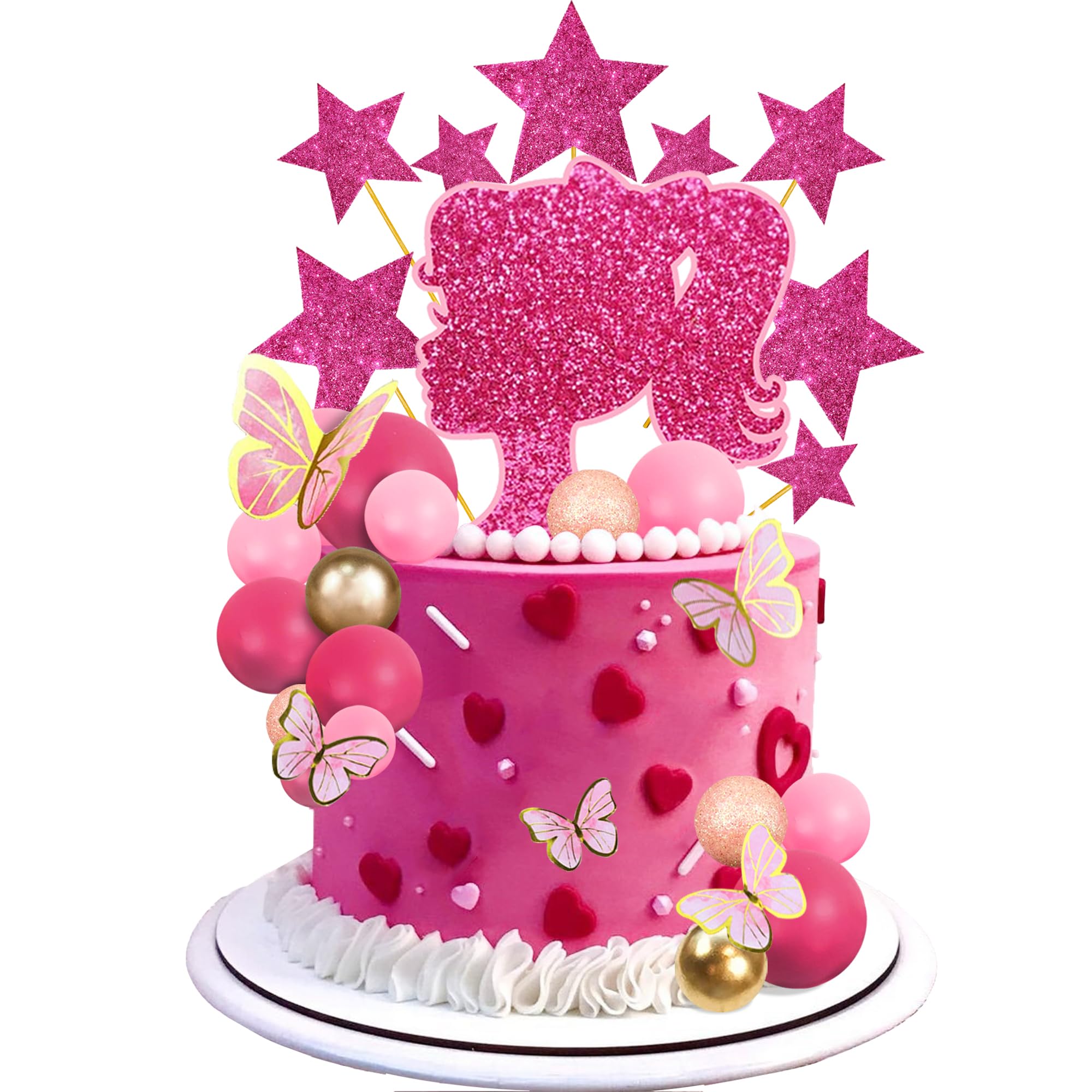 Photo 1 of Hot Pink Girl Cake Toppers with Pink Gold Butterfly Balls Star Doll Cake Toppers for Wedding Baby Shower Anniversary Girl Birthday Themed Party Supplies (Style 1)