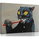 Funny Black Cat Brushing Teeth Canvas Wall Art Vintage Bathroom Cat Painting Pictures Wall Decor Eclectic Cat Brushing Animal Poster Prints for Bathroom Toilet Scene Home Decoration