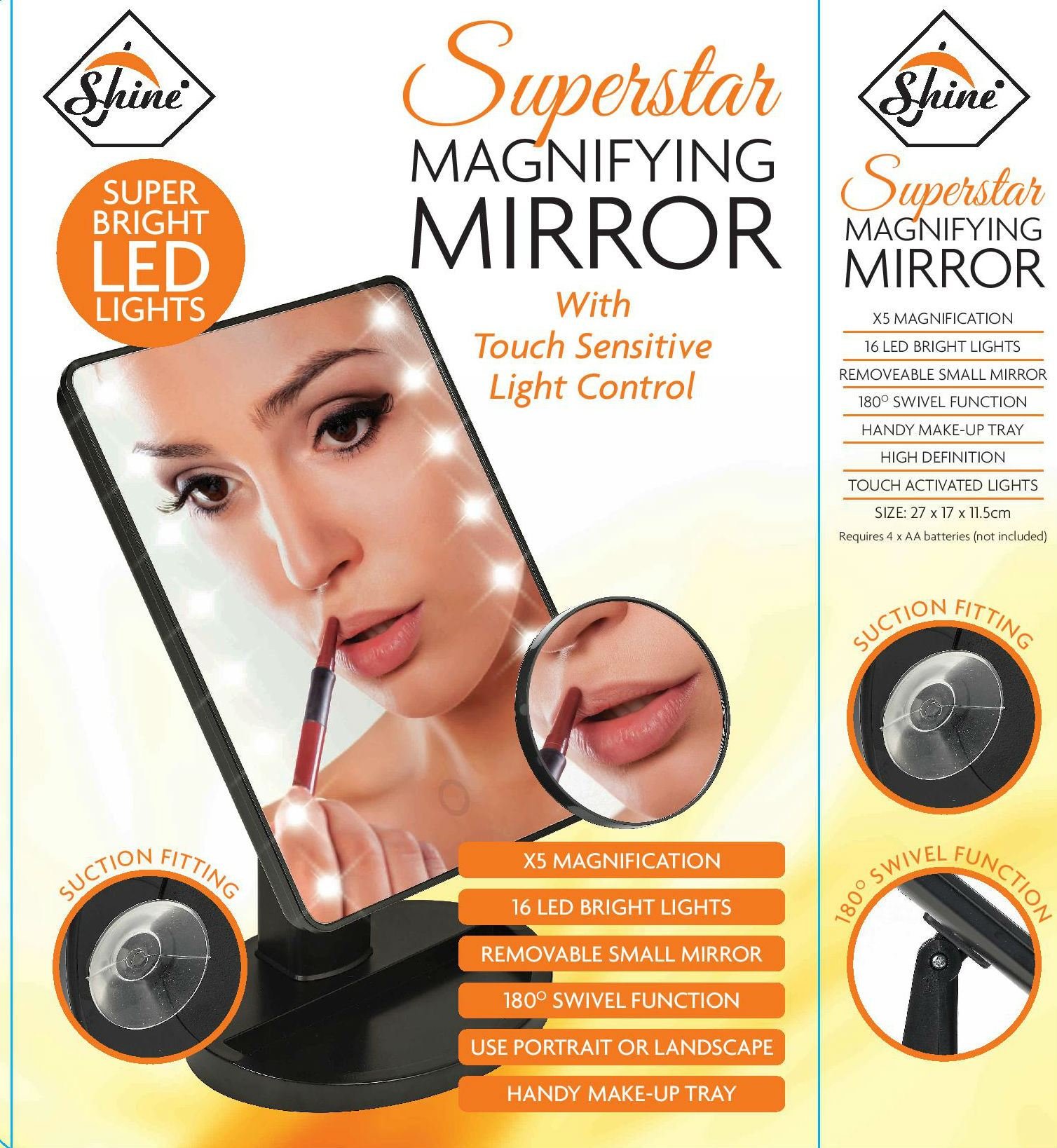 SHINE COSMETIC LED TABLE MAKE UP MIRROR- TOUCH CONTROL & 5X MAGNIFYING MAGNIFICATION 16 LED LIGHTS- SELFIE MIRROR (BLACK)