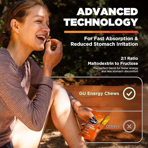 GU ENERGY CHEWS, ORANGE ENERGY GUMMIES WITH ELECTROLYTES, VEGAN, GLUTEN-FREE, KOSHER, CAFFEINE-FREE, AND DAIRY-FREE ON-THE-GO ENERGY FOR ANY WORKOUT, 12 BAGS (24 SERVINGS TOTAL)