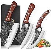 Topfeel 3PCS Butcher Knife Set, Hand Forged Serbian Chef Knife & Meat Cleaver Knife & Viking Knives, Meat Cutting Kitchen Kni