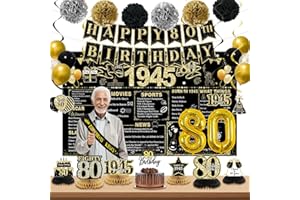 POPULARLDO 80th Birthday Decorations for Men, Black Gold Back In 1945 Birthday Banner Decorations, Vintage 80th Birthday Table Decorations, Cake Topper, Balloons, Backdrop, Sash Party Supplies for Men