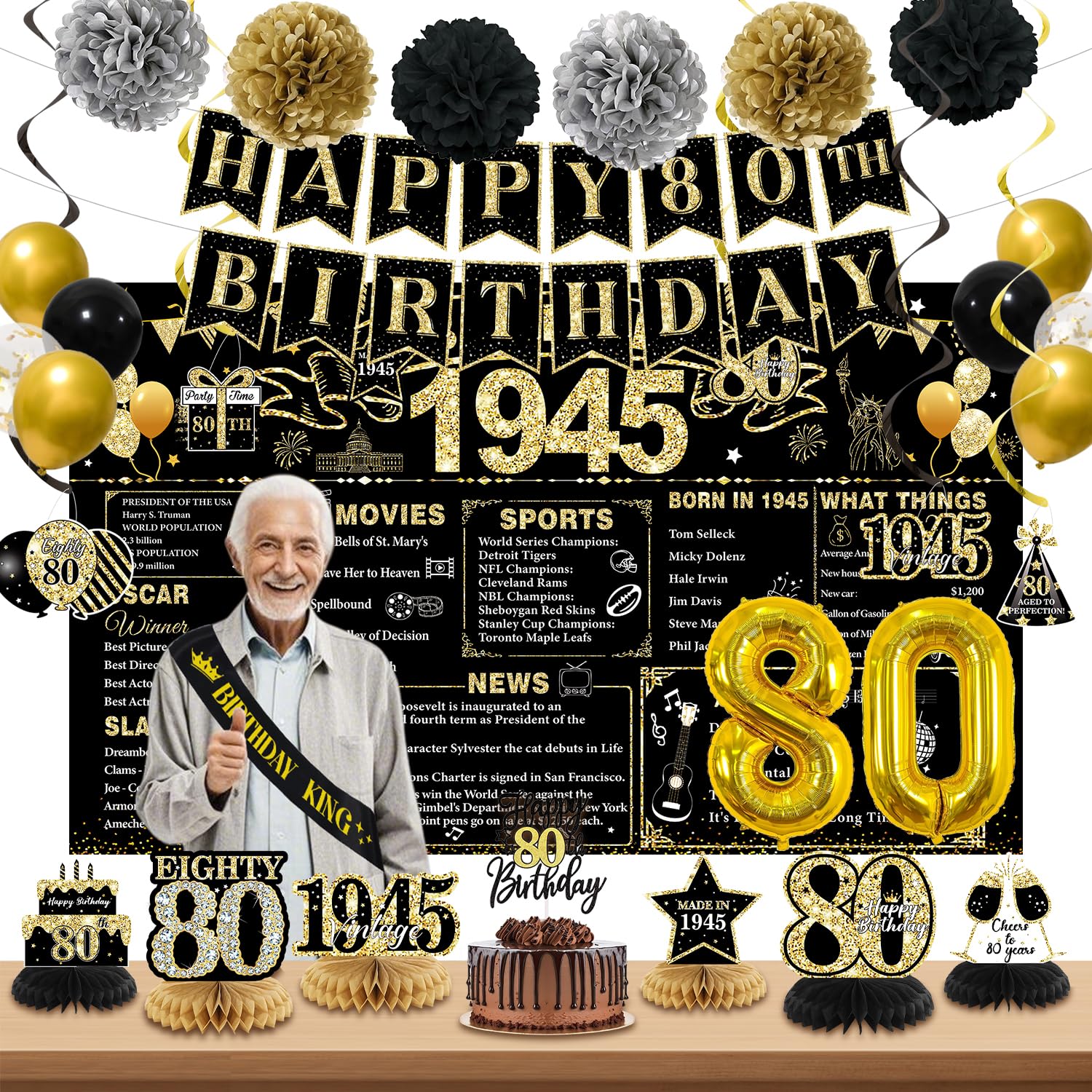 Photo 1 of 80th Birthday Decorations for Men, Black Gold Back In 1945 Birthday Banner Decorations, Vintage 80th Birthday Table Decorations, Cake Topper, Balloons, Backdrop, Sash Party Supplies for Men