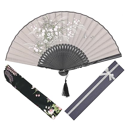 OMyTea Grassflowers 8.27"(21cm) Folding Hand Held Fans - With a Fabric Sleeve