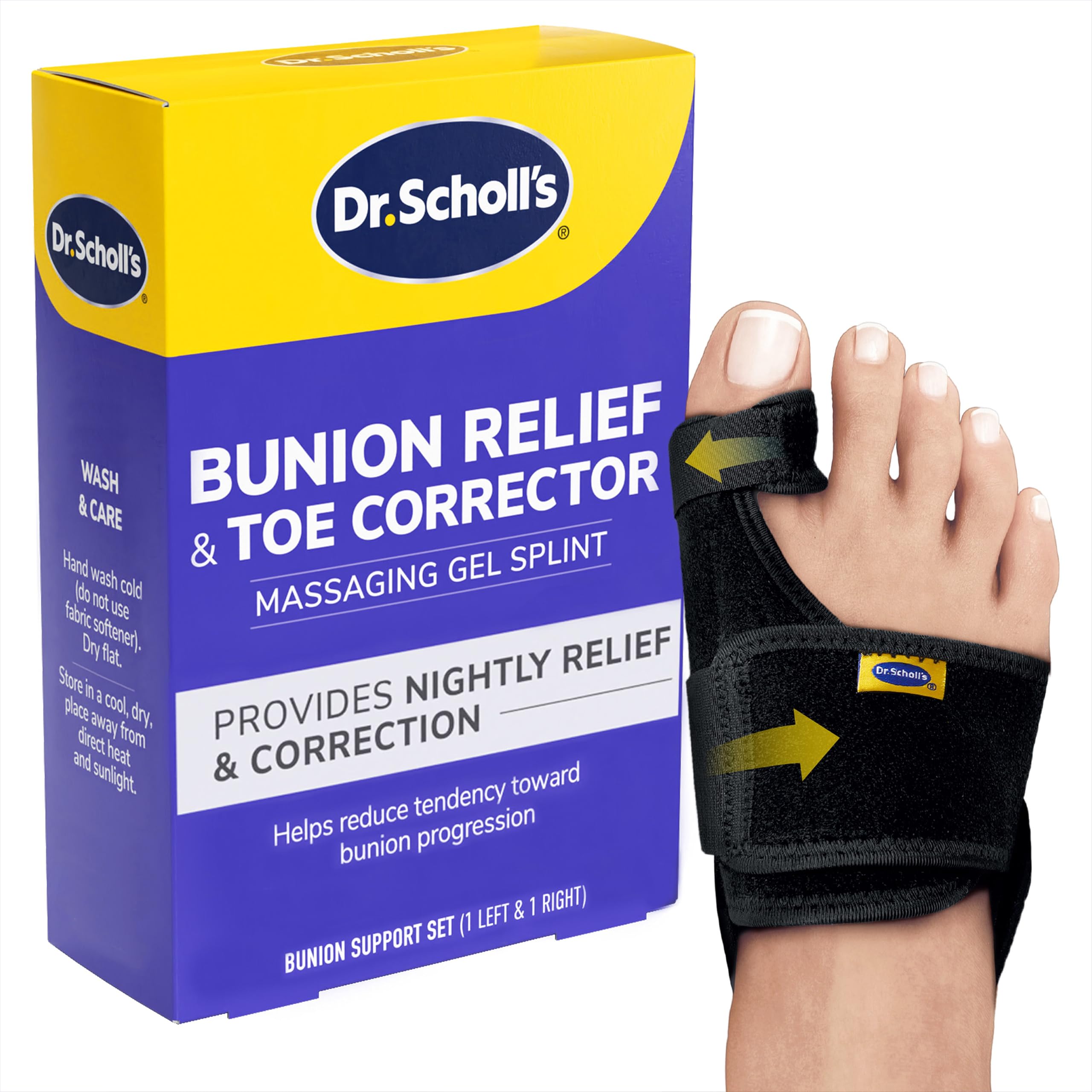 Photo 1 of Dr. Scholl's BUNION RELIEF & TOE CORRECTOR // Massaging Gel Bunion Splint & Big Toe Straightener - Orthopedic Bunion Corrector for Women & Men - Bunion Pads for Bunion Pain Relief, 1 Support Set (Left & Right)