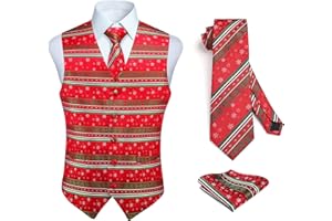 HISDERN Men's Suit Vest Christmas Holiday Season Party Jacquard Waistcoats Necktie Pocket Square Vest Suit Set
