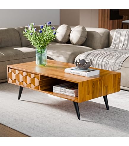 Bme Tavolino in rattan con 2 cassetti, facile da montare, con gambe in legno massello, multiuso per soggiorno, camera da letto, 21 5/8 L x 17 11/16 H