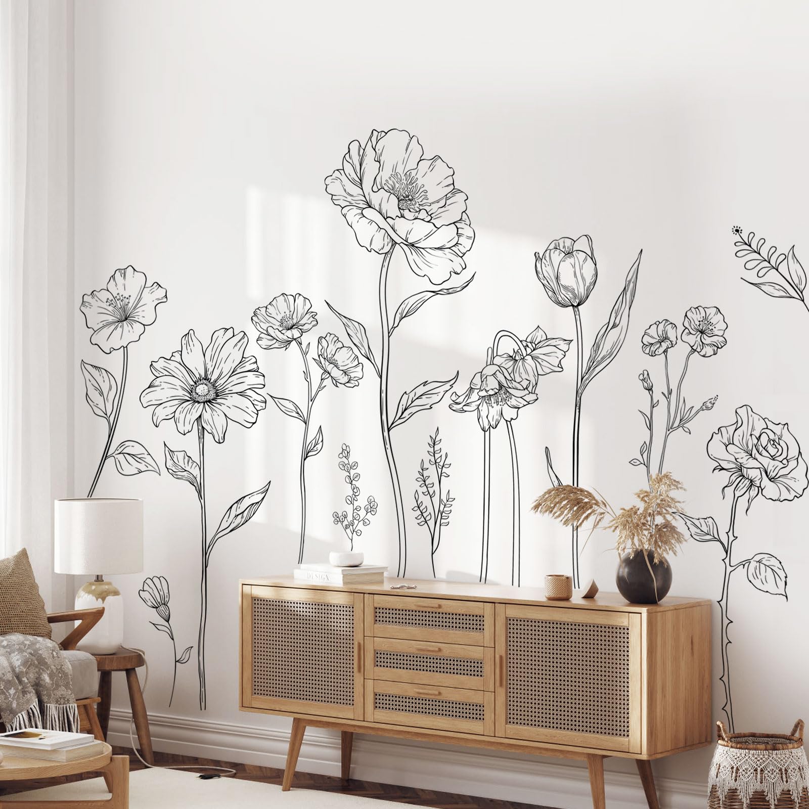 Large Black Boho Flower Wall Stickers, 3 Sheets Simple Sketch Floral Wall Decals Peony Wildflower Peel Stick Wall Art Decor Girls Bedroom Home Room Office Garden Hall Adult(11.8x35.4 in/Sheet)