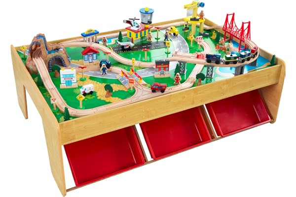 KidKraft Waterfall Mountain Wooden Train Set & Table; 120 Pieces, 3 Bins