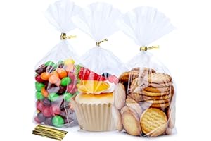 ZIMCEMS 100Pcs 5X7 inch Bottom Gusset Bags Clear Cellophane Gift Bags Plastic Gift Wrap Cello Bags for Party Favor Treats, Goodie,Bakery Cookie, Candy with 5" Twist Ties
