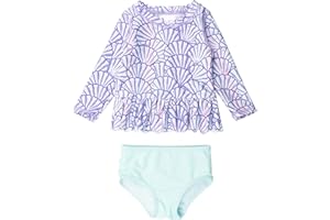RuffleButts Baby/Toddler Girls Scalloped Long Sleeve Rash Guard 2-Piece UPF50+ Sun Protected Swimsuit