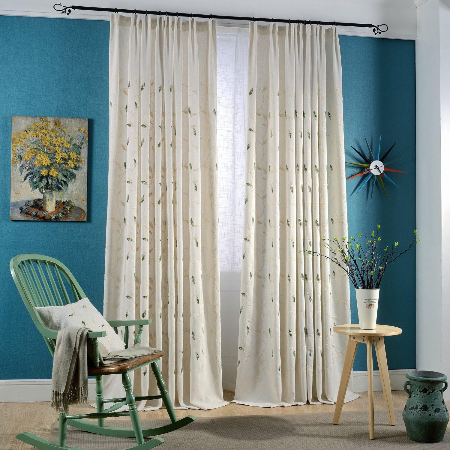 Anady Top Off White Linen Curtains Leaf 2 Panel Double Pleated Embroidery Green and