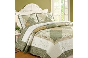 Cozy Line Home Fashions Floral Real Patchwork Green Beige Khaki Yellow Scalloped Edge Country 100% Cotton Quilt Bedding Set, Reversible Coverlet Bedspread (Laura, King - 3 Piece)