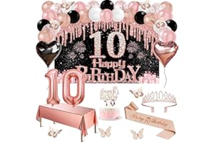 10th Birthday Decorations for Girl, 49pcs Black Rose Gold Happy 10th Birthday Banner, Tablecloth, Butterfly Decor, Sash and T