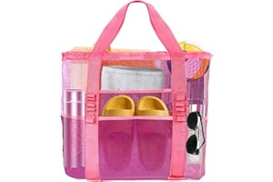 Yunaeduo Large Mesh Beach Bag - Lightweight & Foldable Family Beach Bag with 9 Pockets for Toys, Towels & Vacation Essentials