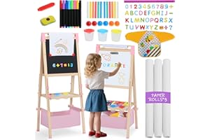 Kinder King Wooden Kids Easel, 3 in 1 Adjustable Art Easel for Kids, Double-Sided Magnetic Whiteboard & Chalkboard, Paper Roller, Art Supplies, Coloring Drawing Easel Toddler Gift Ages 3+, Pink