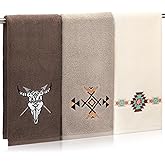 SmoothNovelty 3 Pcs Western Aztec Hand Towels 14 x 29 Inch Cotton Embroidered Cow Bull Skull Southwest Sunset Bathroom Hand Towels Boho Aztec Theme Decorative Washcloth for Kitchen Vintage Decor