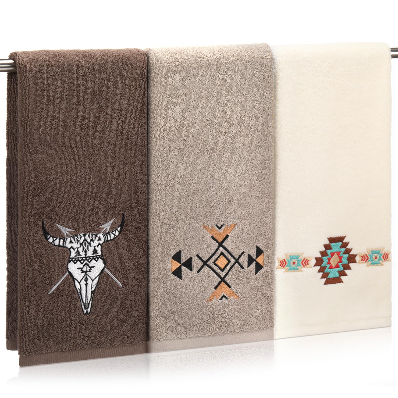 Photo 1 of SmoothNovelty 3 Pcs Western Aztec Hand Towels 14 x 29 Inch Cotton Embroidered Cow Bull Skull Southwest Sunset Bathroom Hand Towels Boho Aztec Theme Decorative Washcloth for Kitchen Vintage Decor