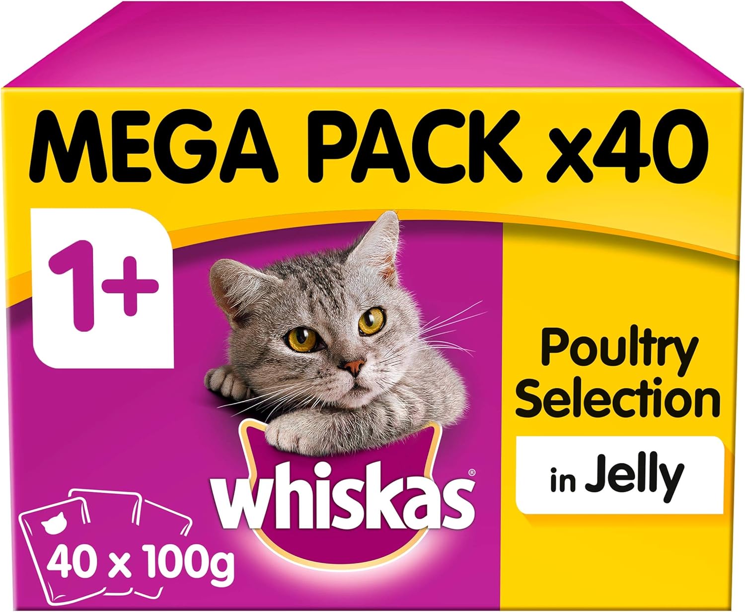 WHISKAS 1+ Cat Pouches Poultry Selection in Jelly 40x100g Mega Pack