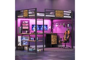 BTHFST Full Size Loft Bed with L-Shaped Desk and 3 Storage Drawers, LED Lights & Charging Station, Open Storage Shlef, Metal Loft Bed Frame with Solid Slats and Guardrail, Space Saving, Black